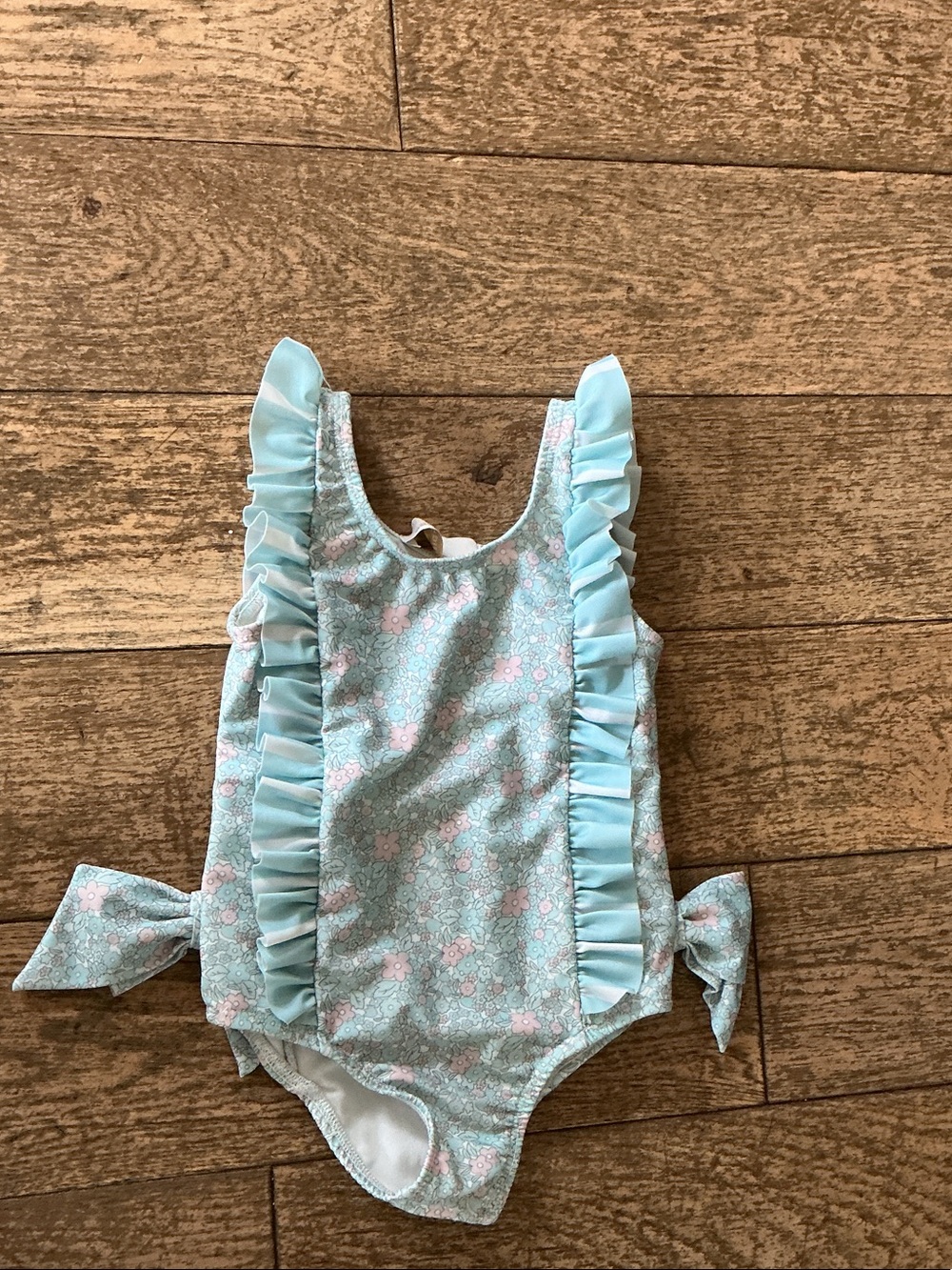 Girls' Light Blue Floral Ruffle One-Piece Swimsuit